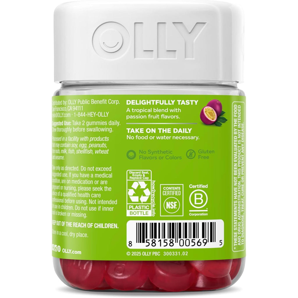 OLLY Daily Energy Gummy, Caffeine Free, Vitamin B12, Coq10, Goji Berry, Adult Chewable Supplement, Tropical Flavor - 60 Count