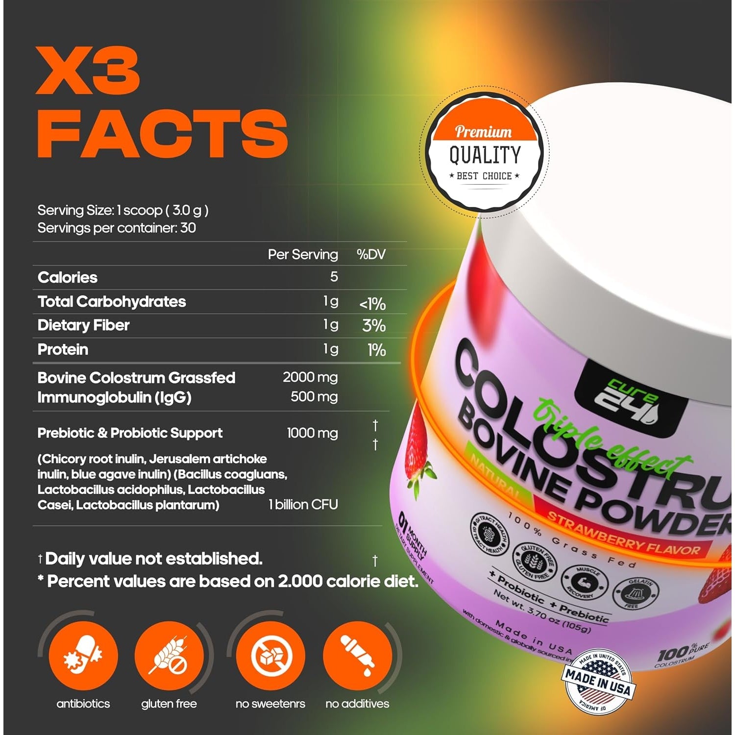 Bovine Colostrum X3 Supplement Powder for Humans, 100% Pure Whole Natural Grass Fed Superfood, High Igg, plus Probiotic & Prebiotic, Unflavored, Made in USA (Strawberry)