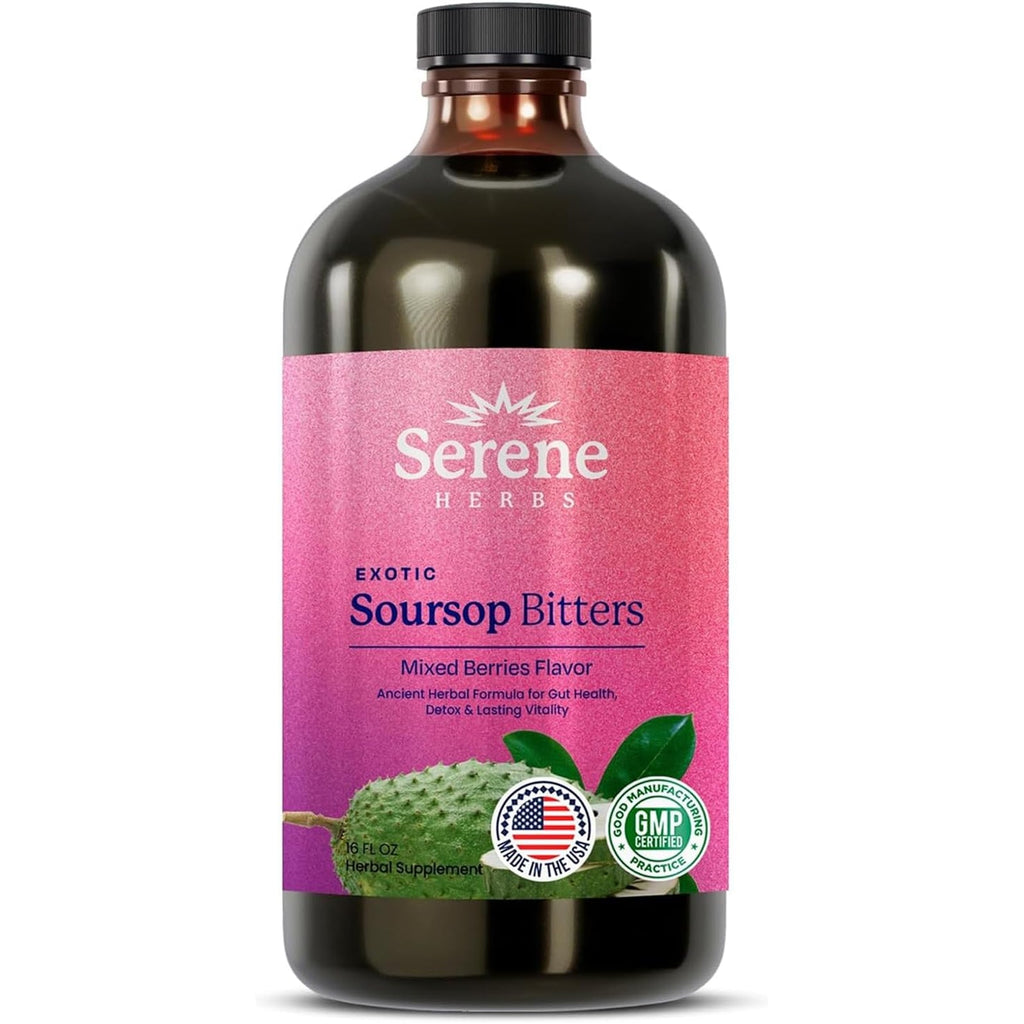 Serene Herbs Soursop Bitters Liquid with Soursop Leaves for Gut Cleanse, Detox & Immune Boost with Black Seed, Moringa, Irish Moss, Ashwaganda, Turmeric, 16 Fl Oz (16 Fl Oz (Pack of 1), Mixed Berry)