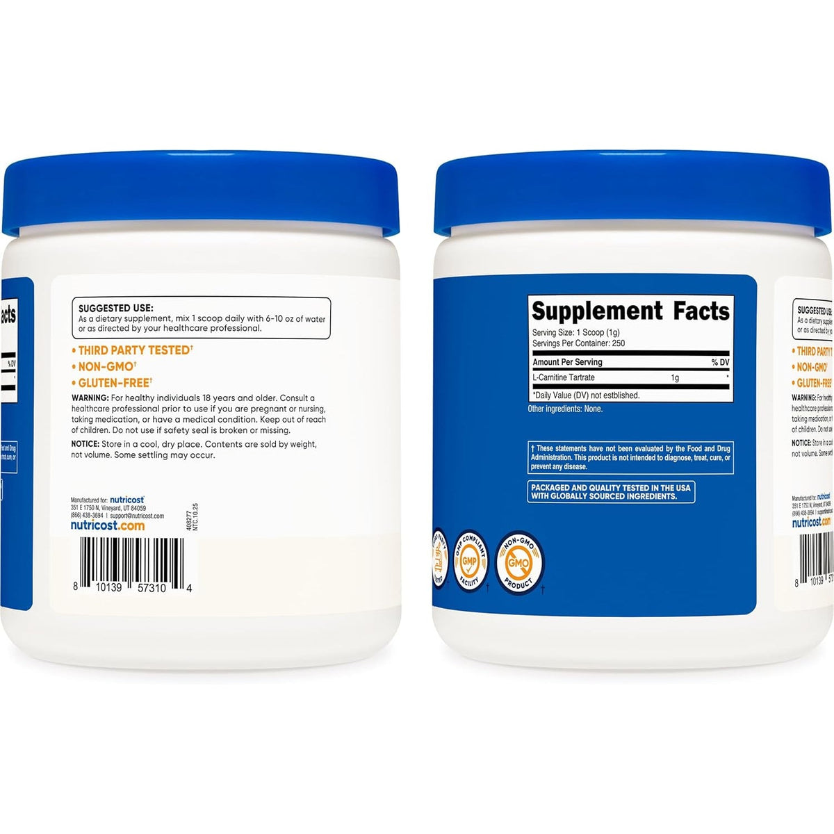 Nutricost L-Carnitine Tartrate Powder (250 Grams) - 1 Gram per Serving, 250 Servings