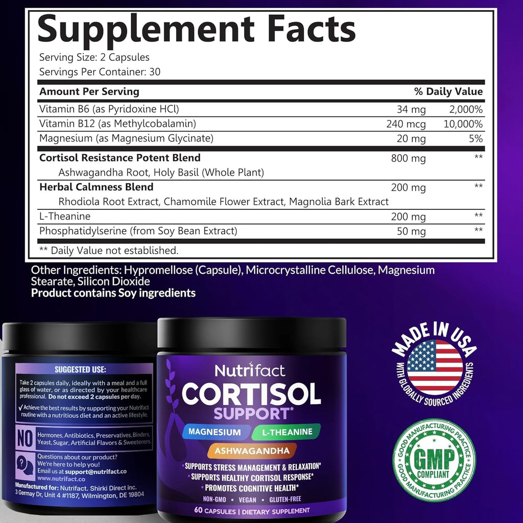 Cortisol Supplements for Women & Men – Cortisol Reducer with Ashwagandha, Magnesium, L-Theanine & Vitamin B Complex – Stress Relief, Vegan, Non-Gmo, Made in USA – 60 Capsules