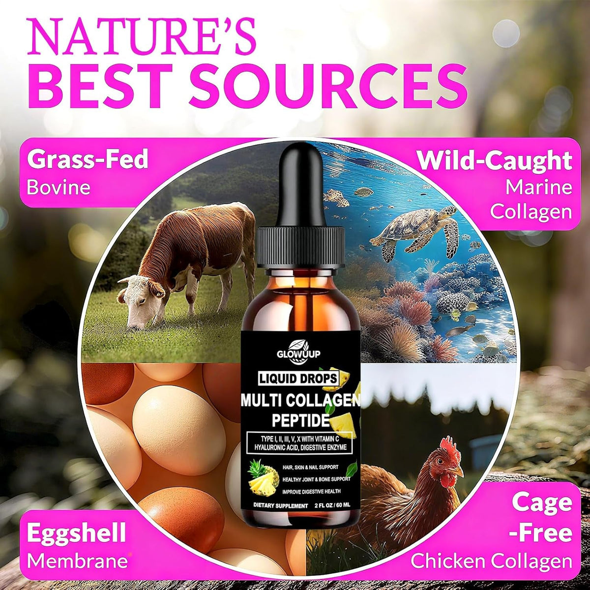 Multi Collagen Peptides Liquid Drops for Women & Men-Type I, II, III, V, X丨Hydrolyzed Collagen Peptides, Collagen Proteins W. Hyaluronic Acid, Biotin & Vitamin C for Hair Skin & Joint Gut Health