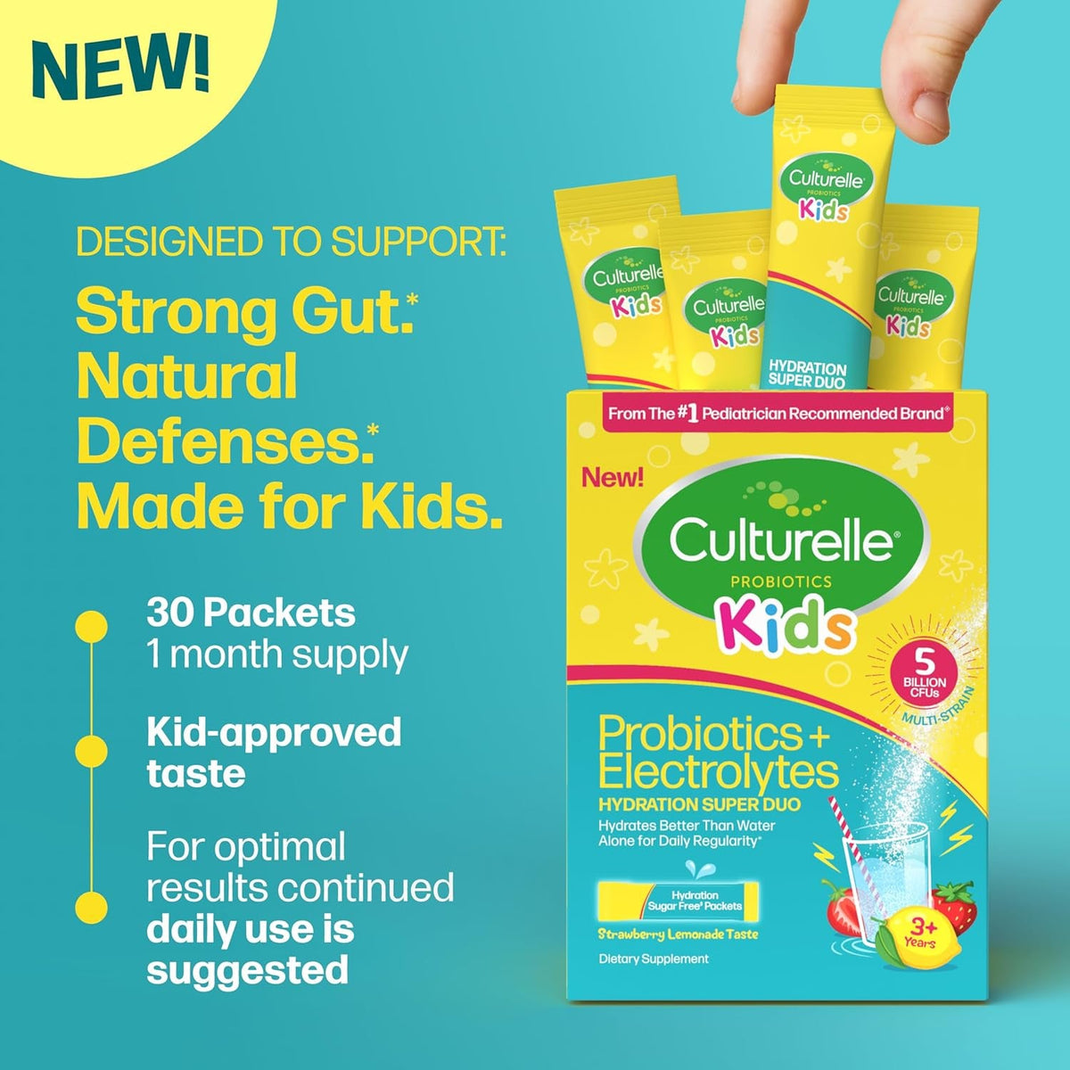 Culturelle® Kids Probiotics and Electrolytes Hydration Super Duo, Strawberry Lemonade, Sugar Free‡ Powder Packets for Immune and Digestive Support, 30 Count