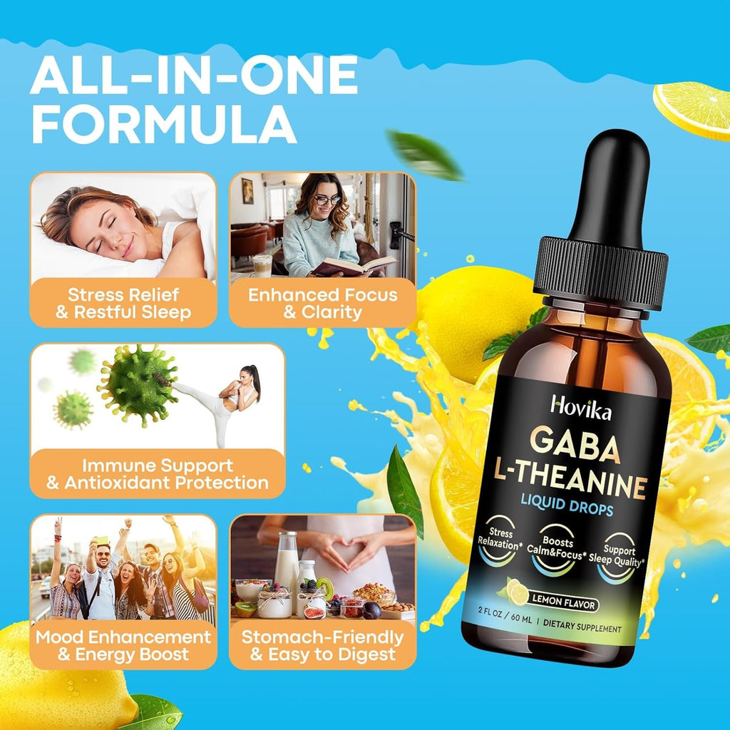GABA L-Theanine Drops - Liquid GABA L-Theanine Supplement with L-Theanine, Ashwagandha, Magnesium Glycinate, Vitamin C, B6 - Support Sleep, Relaxation, Calm Mood & Focus - Lemon Flavor, 2 Fl Oz