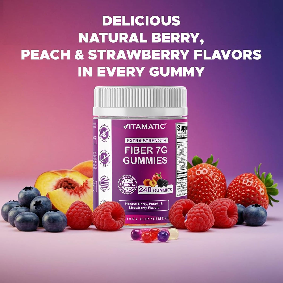 Vitamatic Prebiotic Fiber Gummies for Adults, 7G Extra Strength, Zero Sugar Added, 240 Pectin Based Gummies, Digestive Health & Regularity Support