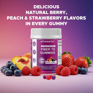 Vitamatic Prebiotic Fiber Gummies for Adults, 7G Extra Strength, Zero Sugar Added, 240 Pectin Based Gummies, Digestive Health & Regularity Support