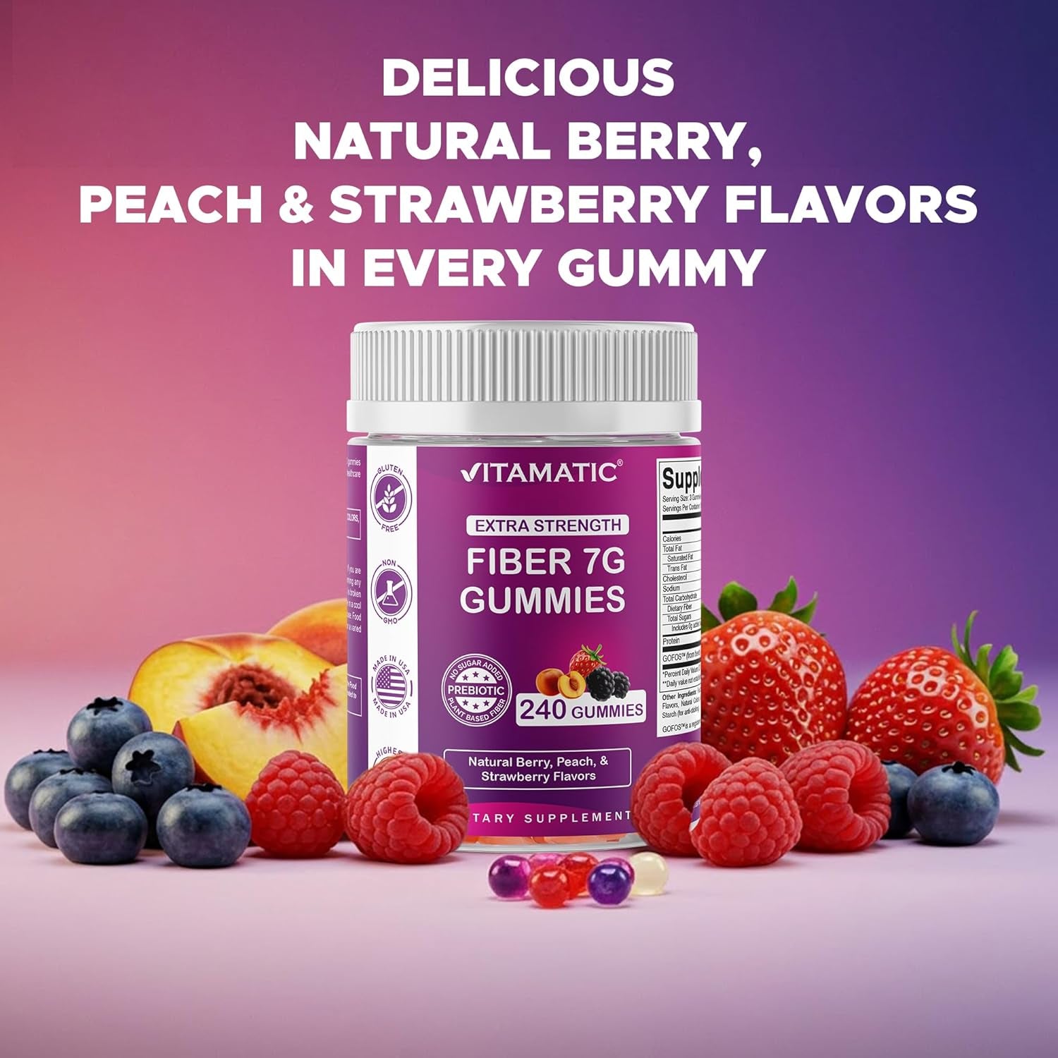 Vitamatic Prebiotic Fiber Gummies for Adults, 7G Extra Strength, Zero Sugar Added, 240 Pectin Based Gummies, Digestive Health & Regularity Support