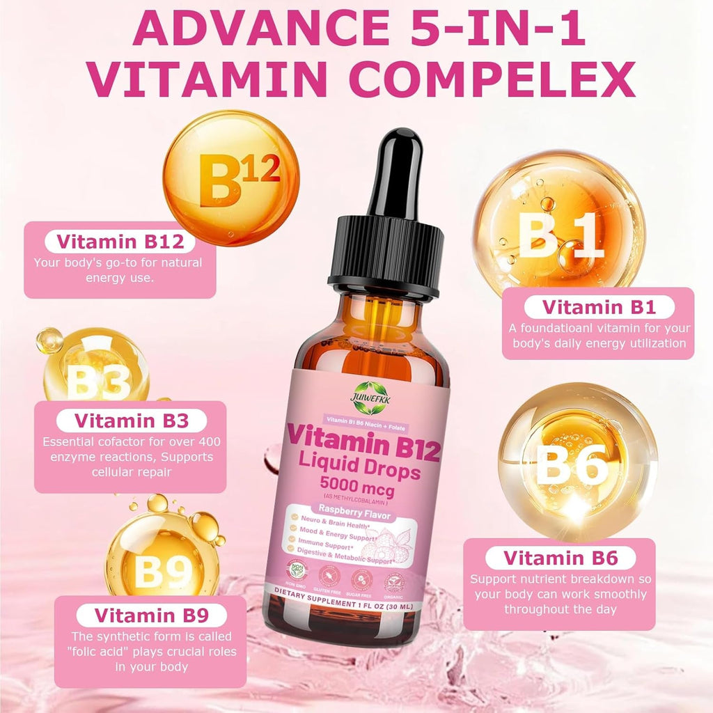 Liquid Vitamin B12 Drops 5000 Mcg - Extra Strength B12 Methylcobalamin with B1 B6 B3 Folate Niacin - Fast Absorption Sublingual B-12 Drops for Energy Metabolism & Brain Function, Vegan B Complex