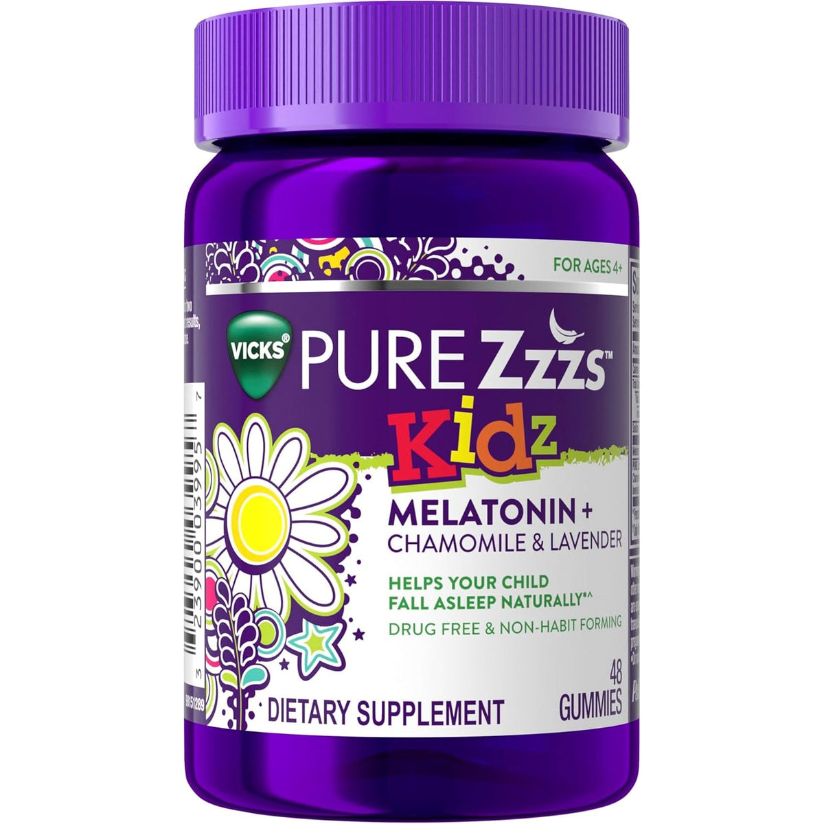 VICKS PURE Zzzs Kidz, Melatonin Sleep Aid Gummies for Kids and Children, Helps Your Child Fall Asleep Naturally, Low Dose Melatonin, 48 Gummies