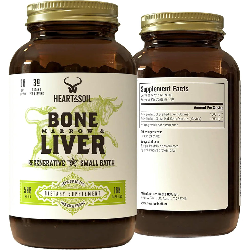 Heart & Soil – 100% Grass Fed & Finished Bone Marrow & Beef Liver from Regenerative Cattle – Supports Bones, Joints, Tissue & Skin – 3000Mg Libido Booster for Women & Men – Glass Bottle – 180 Capsules