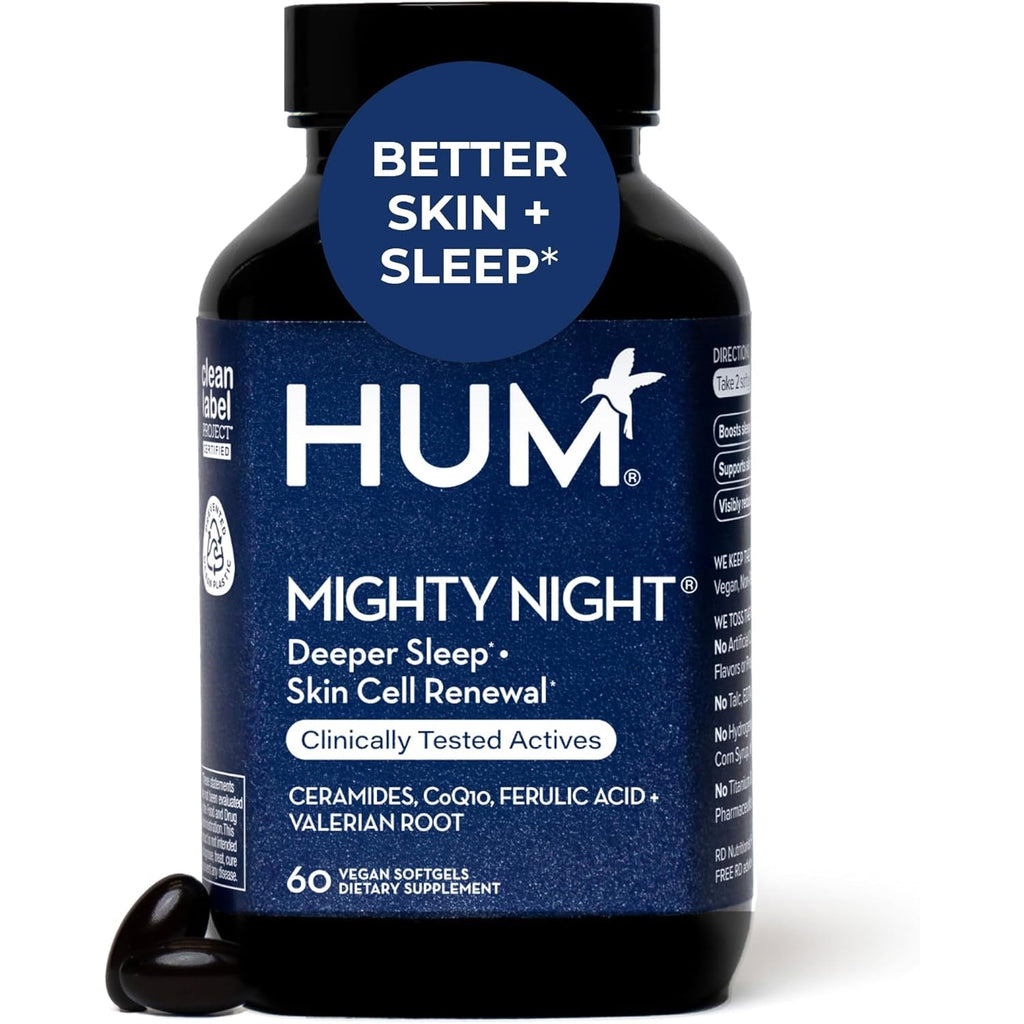 HUM Mighty Night Nighttime Sleep Supplement for Skin Care, Coq10, Valerian Root & Ferulic Acid to Support Cell Turnover, Skin Vitamins for Women and Men, Overnight Beauty Vitamins, 60 Vegan Softgels