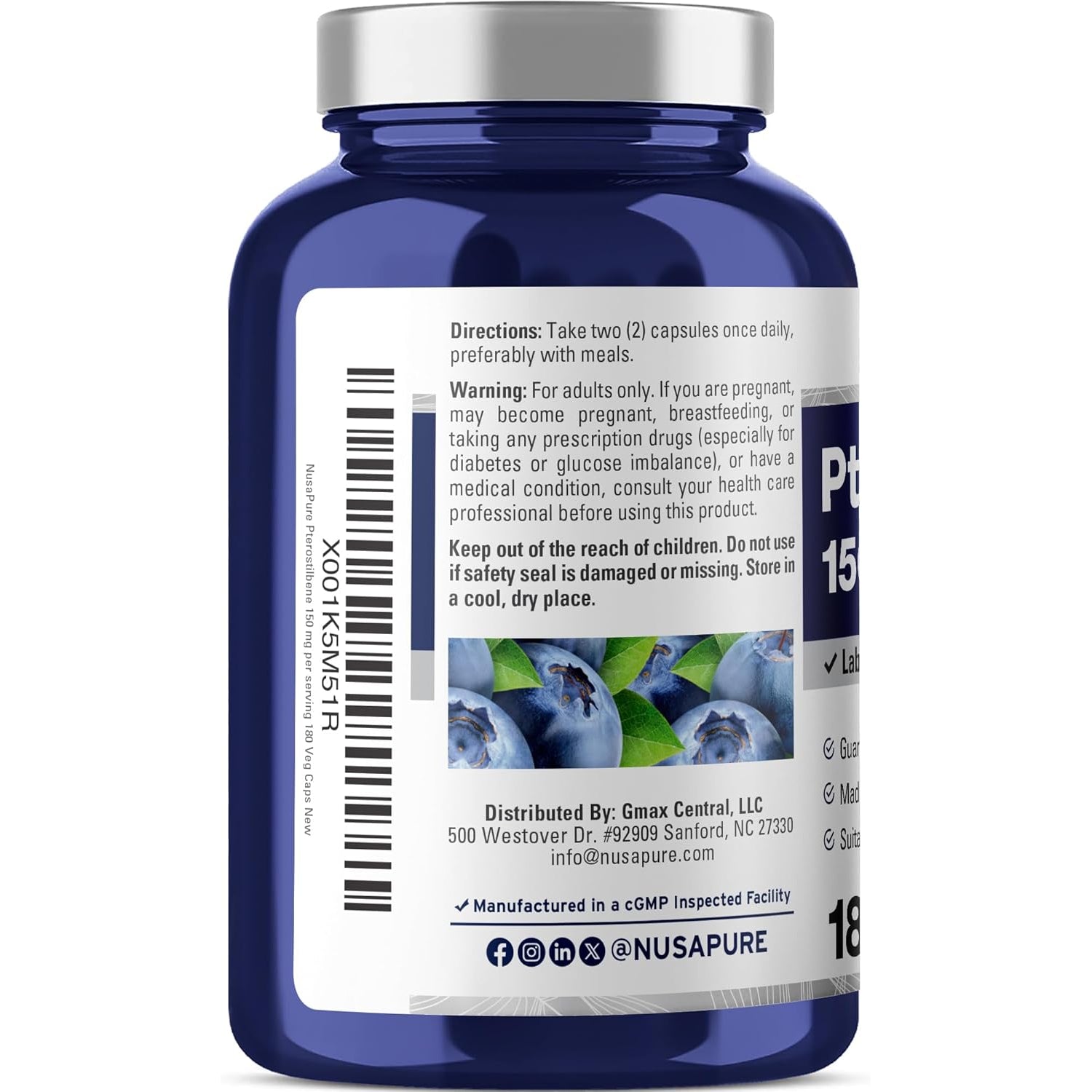 Nusapure Pterostilbene 150Mg 180 Veggie Caps (Non-Gmo, Vegan)