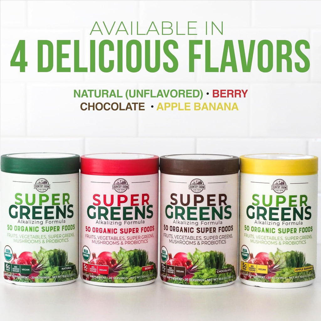 Country Farms Organic Super Greens Powder, 50 Organic Superfoods, Daily Greens Drink Mix with Fruits, Vegetables, Fiber, Probiotics & Mushrooms, Supports Energy, Gut Health & Digestion, Natural Flavor
