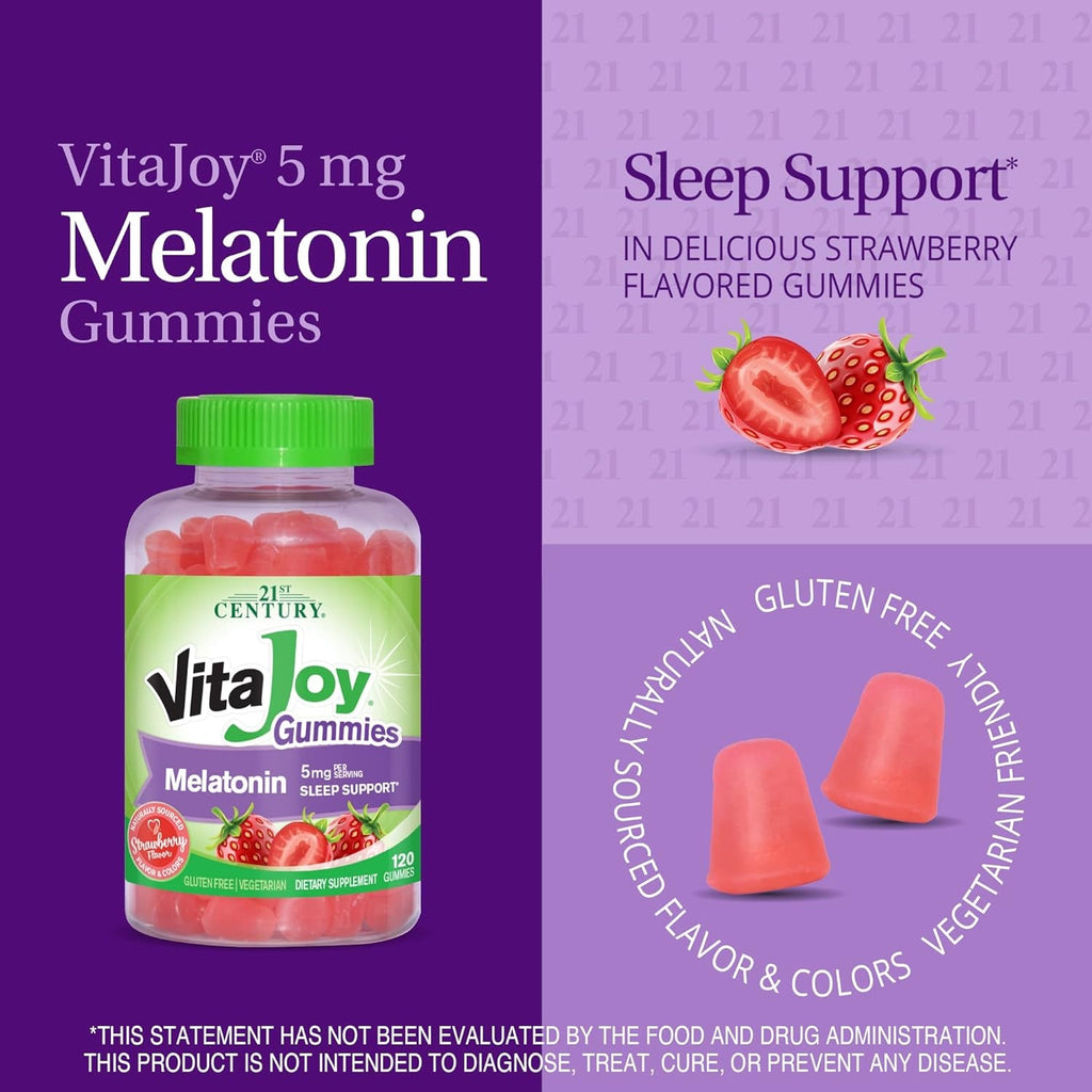 21St Century Vitajoy Melatonin 5Mg Gummies (120 Count), Strawberry Flavor Chewable Sleep Aid for Adults, Promotes Relaxation and Restful Sleep, Non-Habit Forming, Gluten-Free
