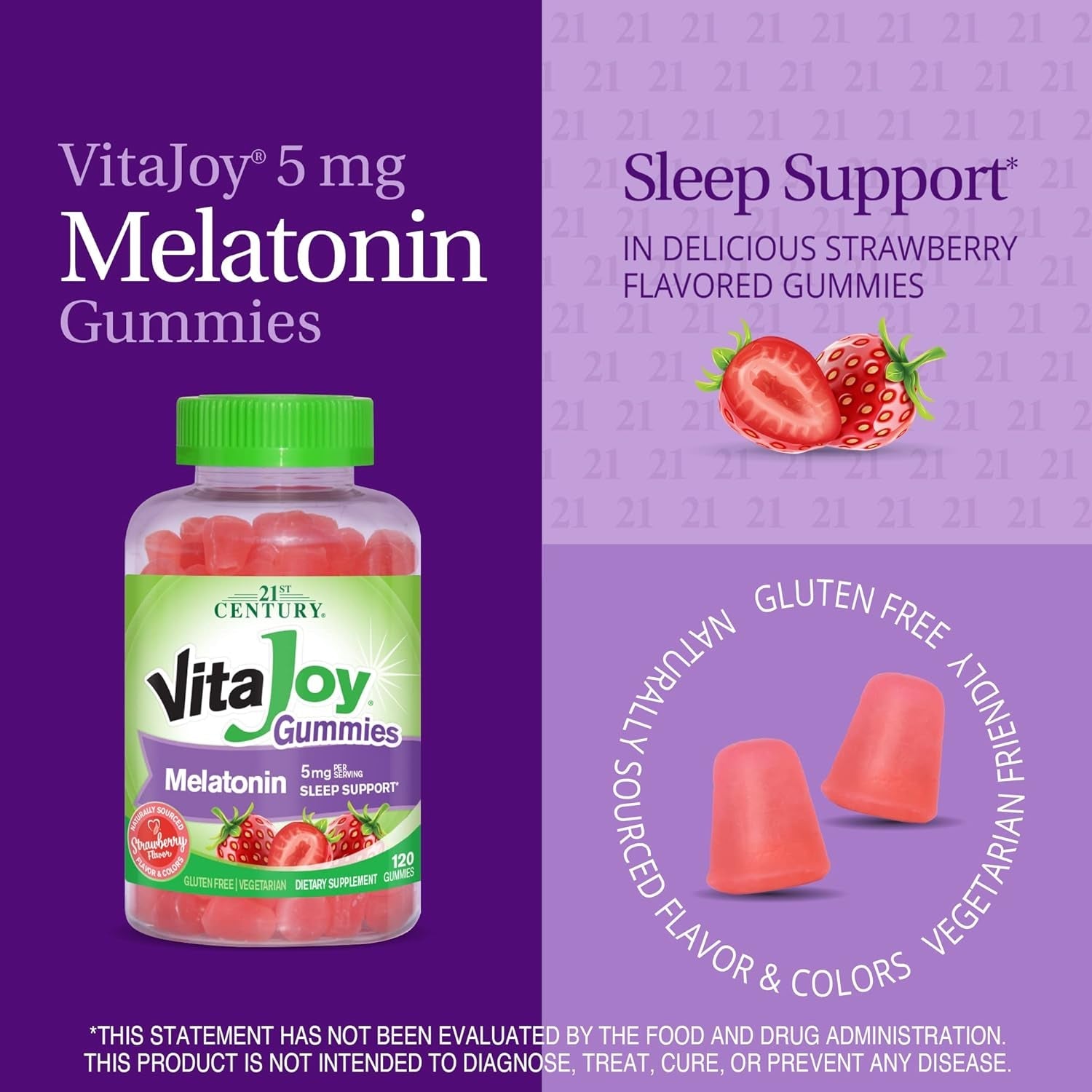 21St Century Vitajoy Melatonin 5Mg Gummies (120 Count), Strawberry Flavor Chewable Sleep Aid for Adults, Promotes Relaxation and Restful Sleep, Non-Habit Forming, Gluten-Free