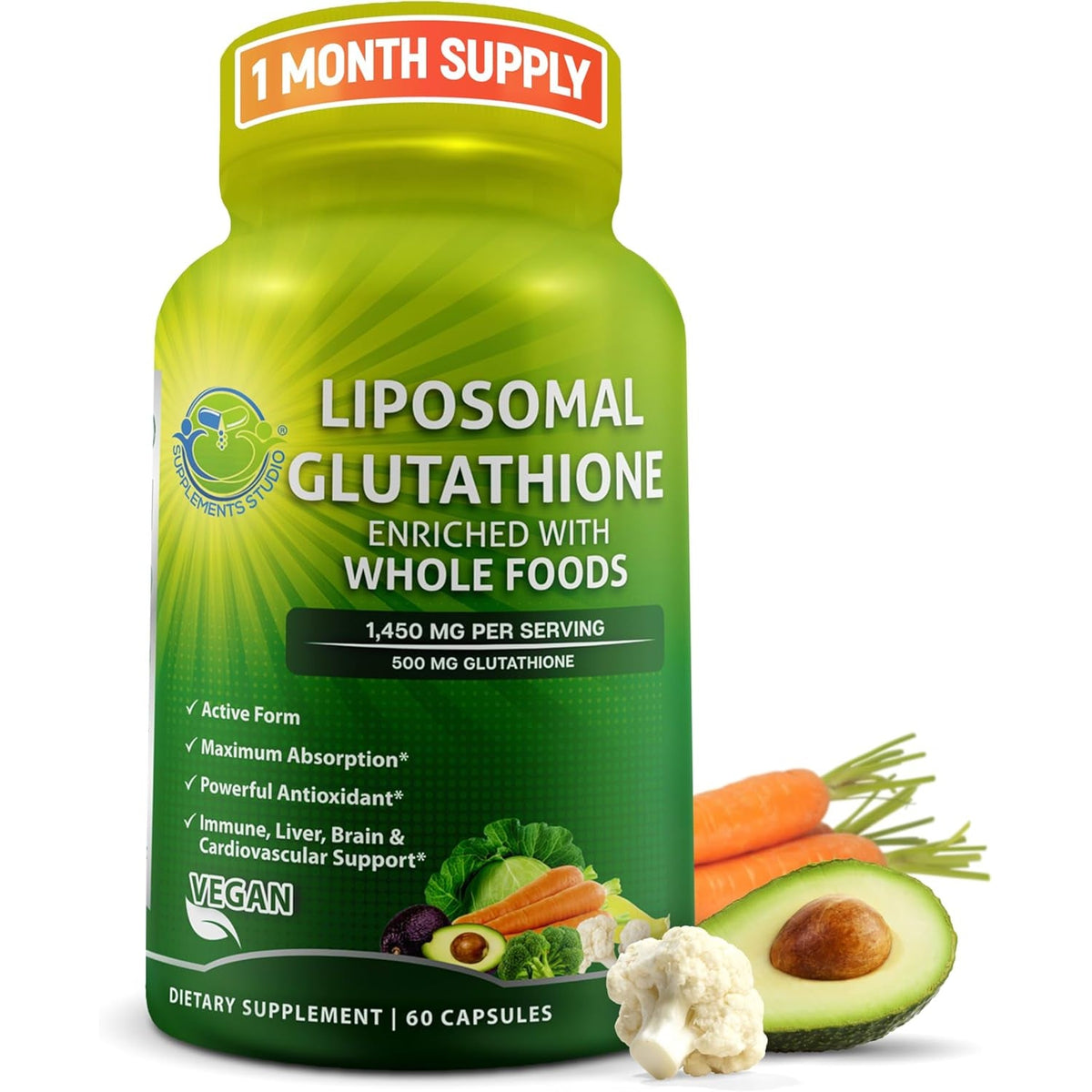 Liposomal Glutathione 500Mg - Active Form L Glutathione (Reduced) for Maximum Absorption - Made with Organic Whole Foods - Master Antioxidant & Detoxifier - Immune & Cardiovascular Support - 60 Count