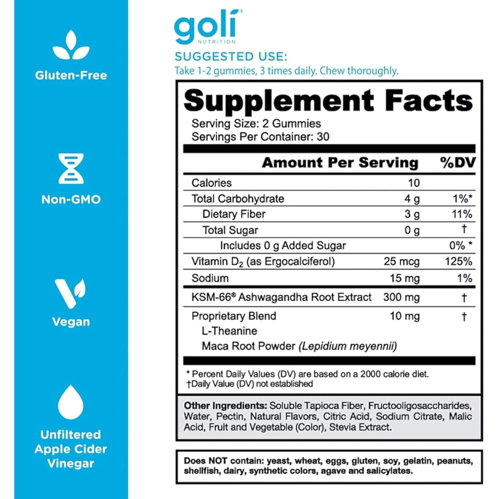 Goli Zero Sugar Ashwagandha Gummies with KSM-66, L-Theanine, Maca and Vitamin D - No Sugar Alcohols - Vegan, Keto-Friendly, Non-Gmo