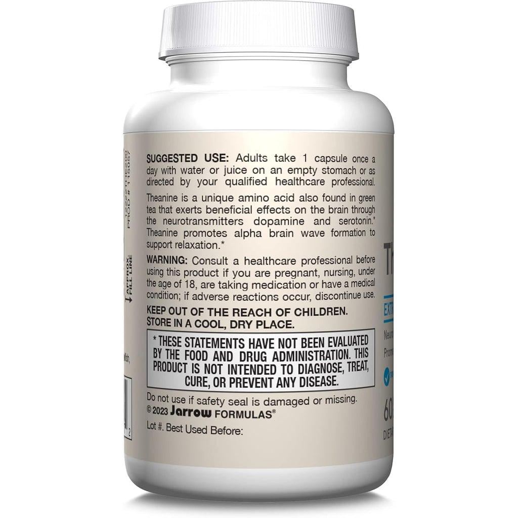 Jarrow Formulas Extra Strength L Theanine 200Mg Dietary Supplement That Promotes Relaxation, Supplement for Relaxation Support, 60 Veggie Capsules, 60 Day Supply