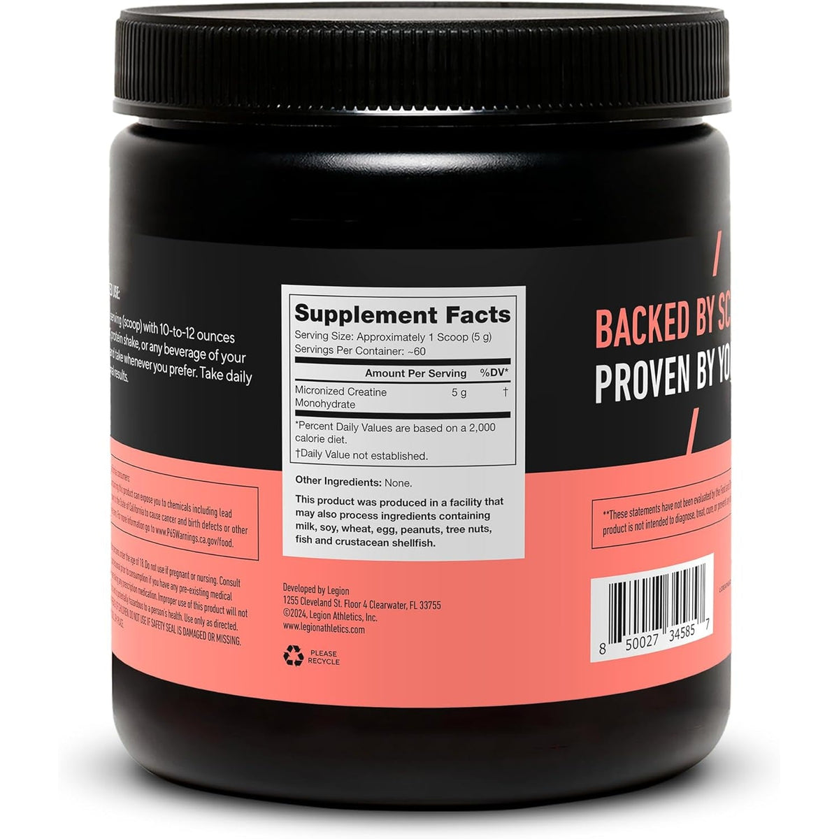 LEGION Micronized Creatine Monohydrate Supplement - Clean Creatine Powder for Muscle Gain & Post Workout Recovery - Micronized Creatine Supplement for Maximum Absorption (60 Servings, Unflavored)