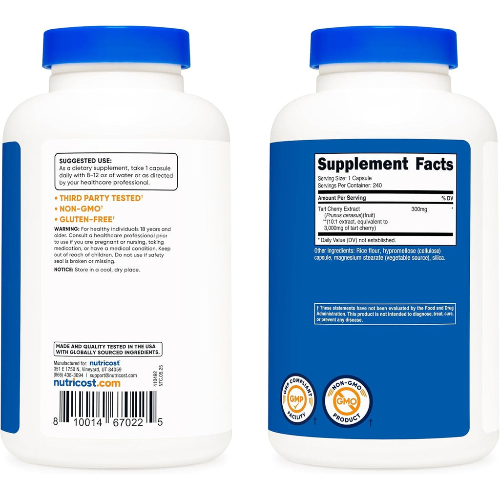 Nutricost Tart Cherry Extract 240 Vegetarian Capsules for 240 Servings per Bottle - Gluten Free, Non-Gmo