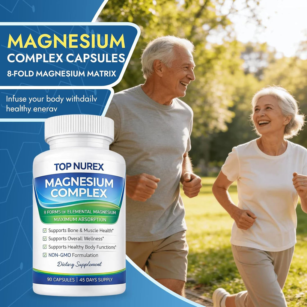 Magnesium Complex 1000 Mg, 8-Source Magnesium Blend with Glycinate, Citrate, Malate & Taurate, Vegan Formula, Non-Gmo, 90 Capsules