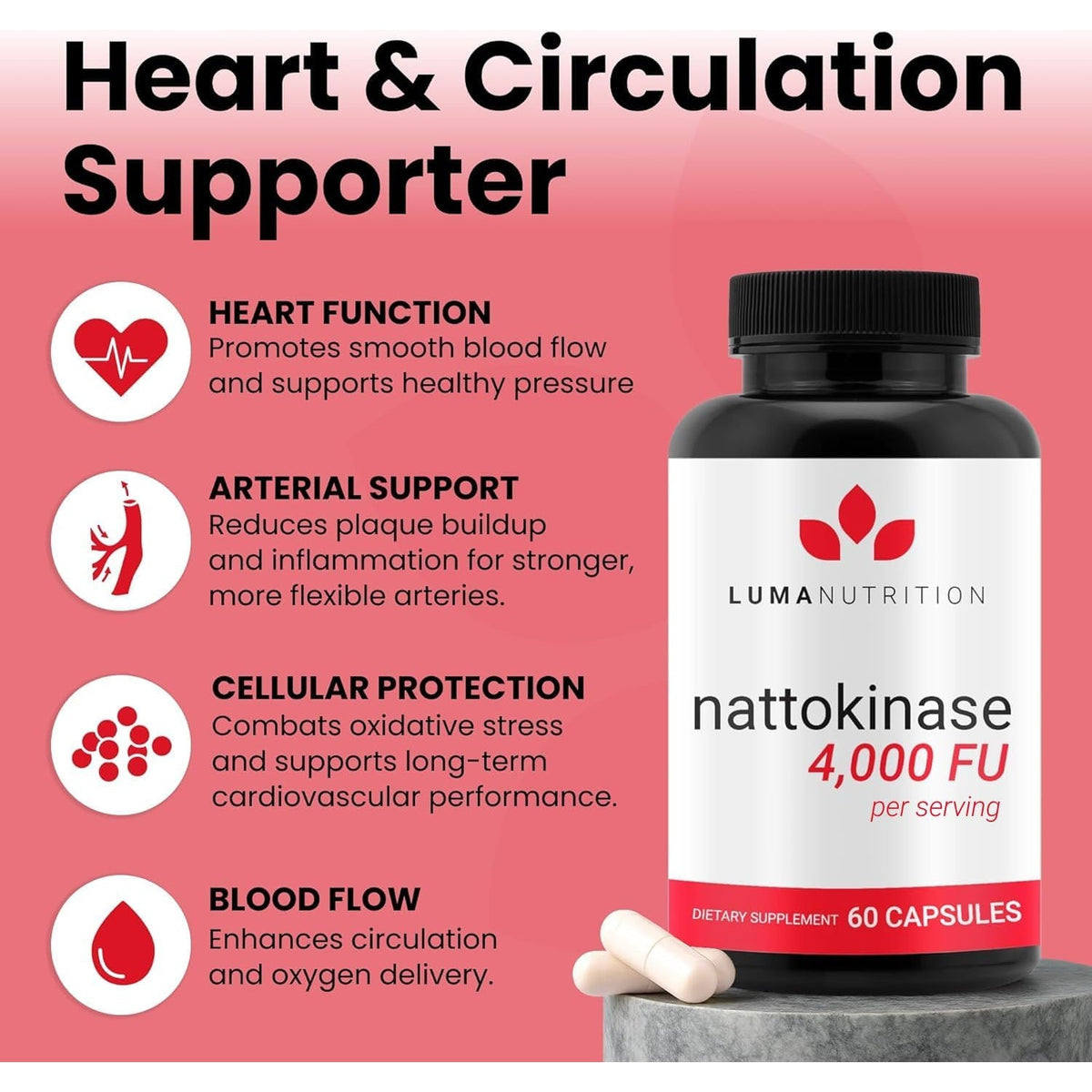 Luma Nutrition Nattokinase Supplement - Natto 4000 FU per Serving, Premium Heart Health Support - Vegan & Gluten Free - 60 Capsules, 30 Servings- Made in USA