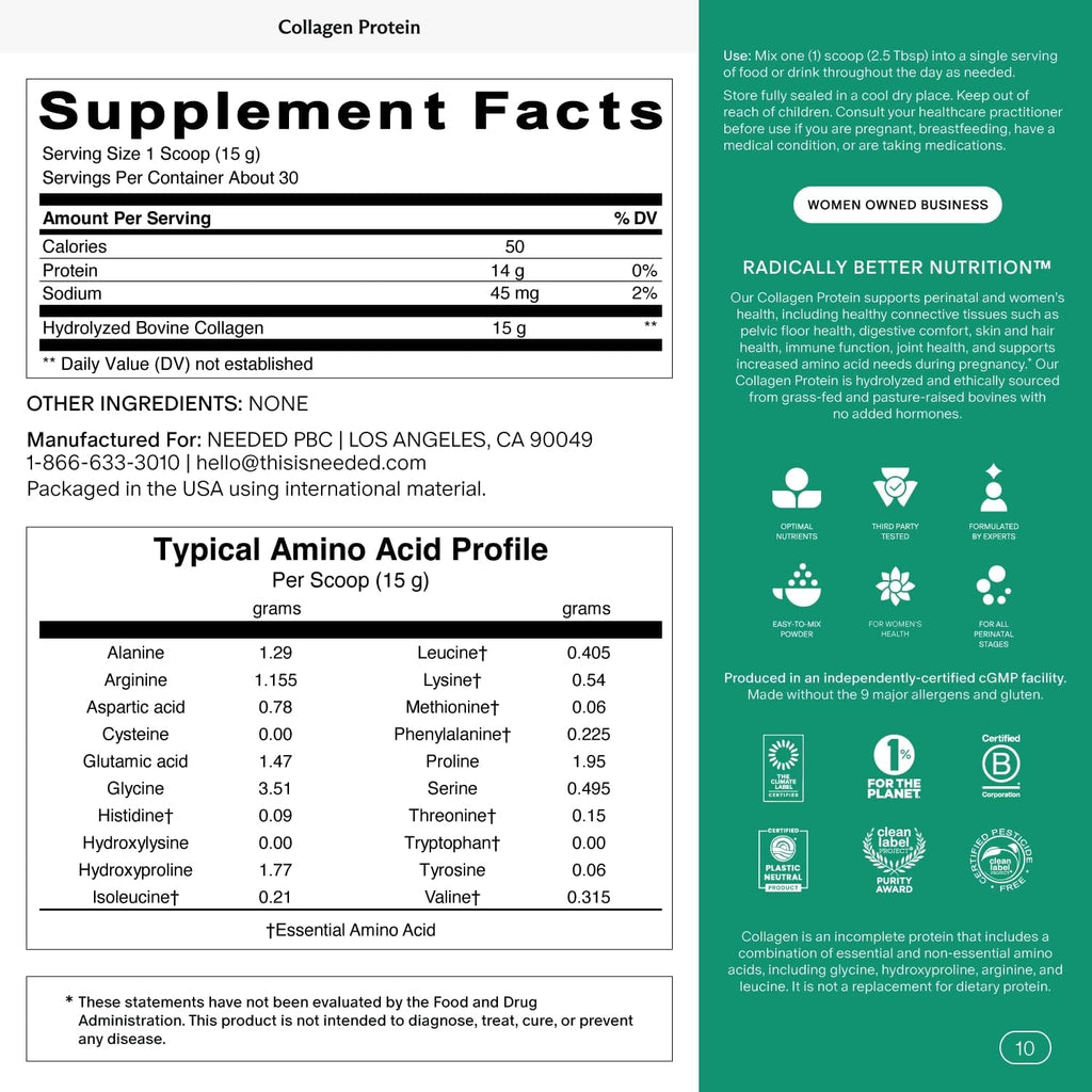 Needed. Hydrolyzed Collagen Protein Powder | Expert-Backed & Clean Sourced | Supports Skin, Hair, Joints | Grass-Fed, Pasture-Raised, Hormone-Free | 1Lb