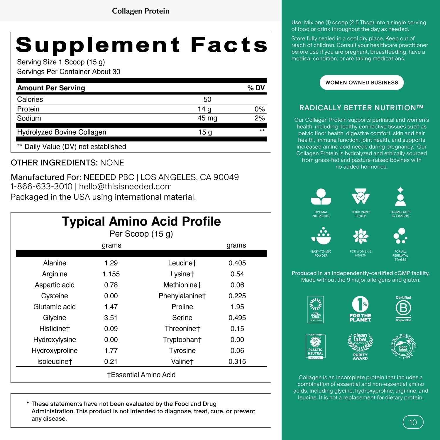 Needed. Hydrolyzed Collagen Protein Powder | Expert-Backed & Clean Sourced | Supports Skin, Hair, Joints | Grass-Fed, Pasture-Raised, Hormone-Free | 1Lb