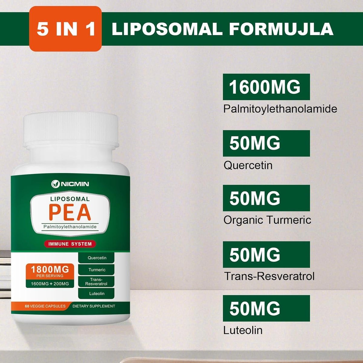 1600MG Palmitoylethanolamide 99% with Luteolin & Quercetin, High Absorption, Pea Supplement 60 Capsules