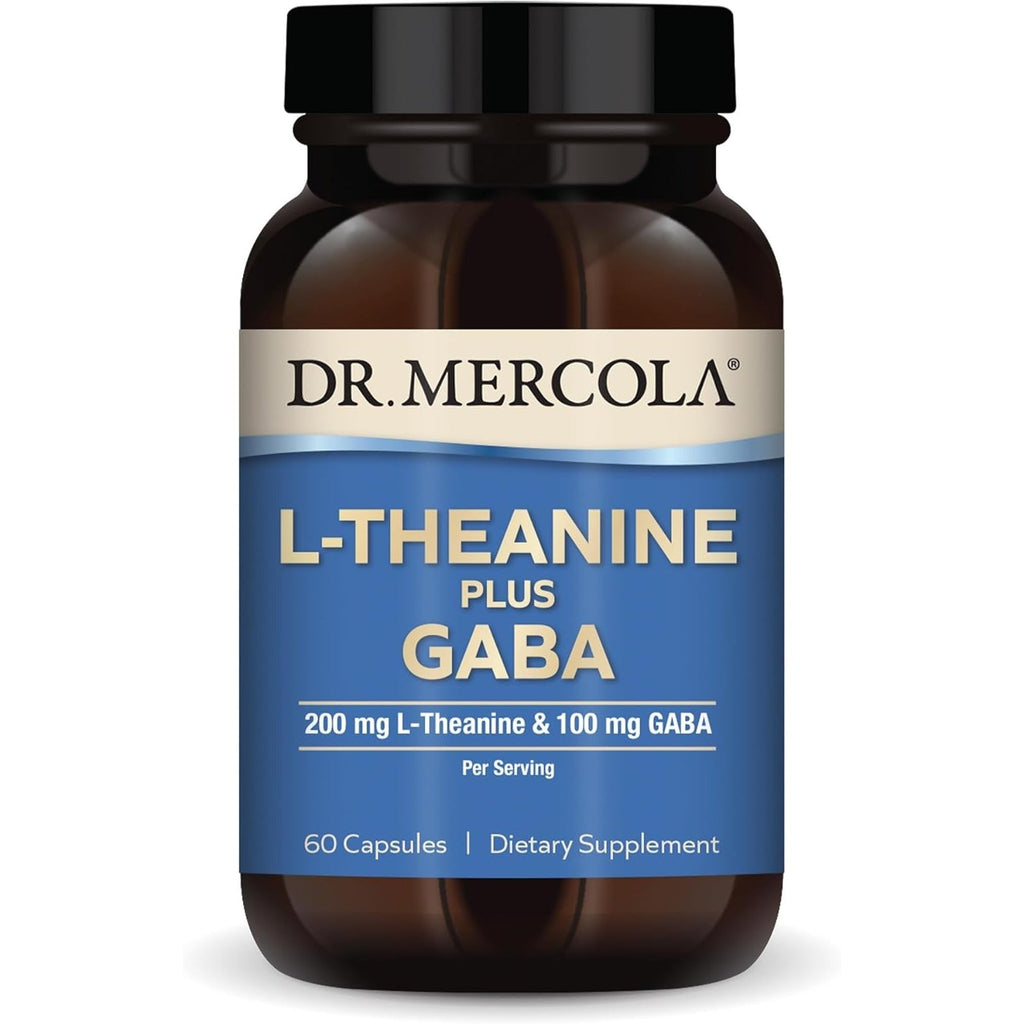 Dr. Mercola L-Theanine plus GABA - Supports Relaxation - Focus & Cognitive Function - Stress Support Supplement - 200 Mg L-Theanine - 100 Mg GABA - 60 Capsules