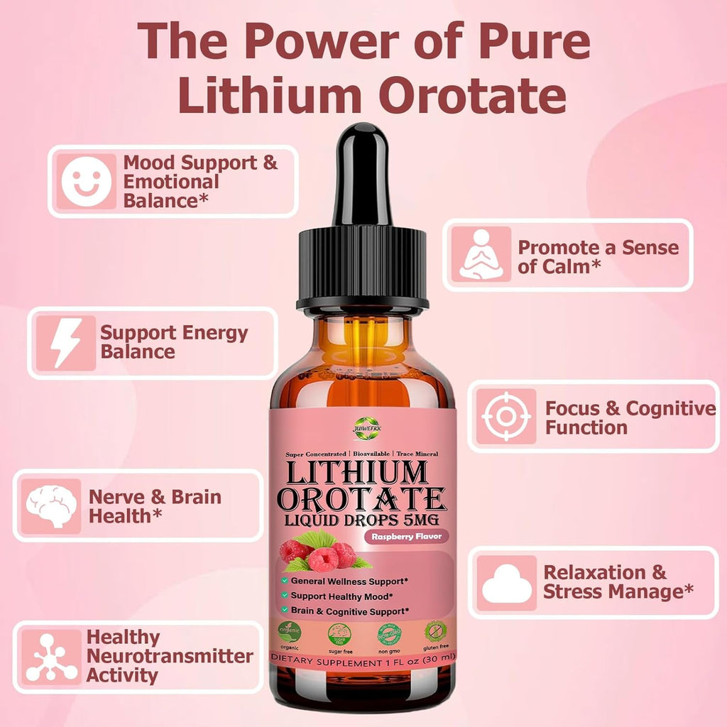 Pure Lithium Orotate Liquid Drops 5Mg, Low Dose Lithium Brain Supplement for Cognitive Memory Mood Behavior, High Bioavailability Liquid Lithium-Orotate Drops for Kids Adults Vegan Non-Gmo