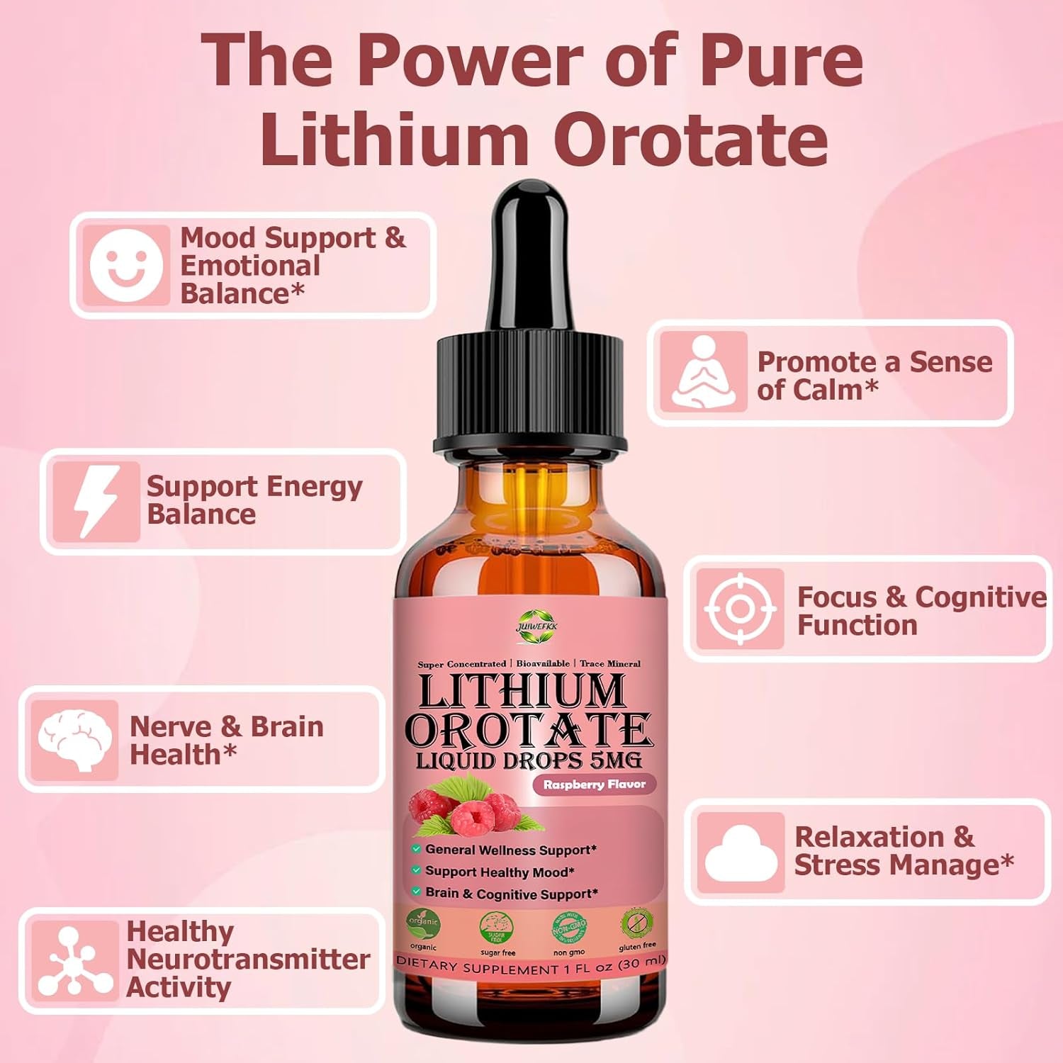 Pure Lithium Orotate Liquid Drops 5Mg, Low Dose Lithium Brain Supplement for Cognitive Memory Mood Behavior, High Bioavailability Liquid Lithium-Orotate Drops for Kids Adults Vegan Non-Gmo