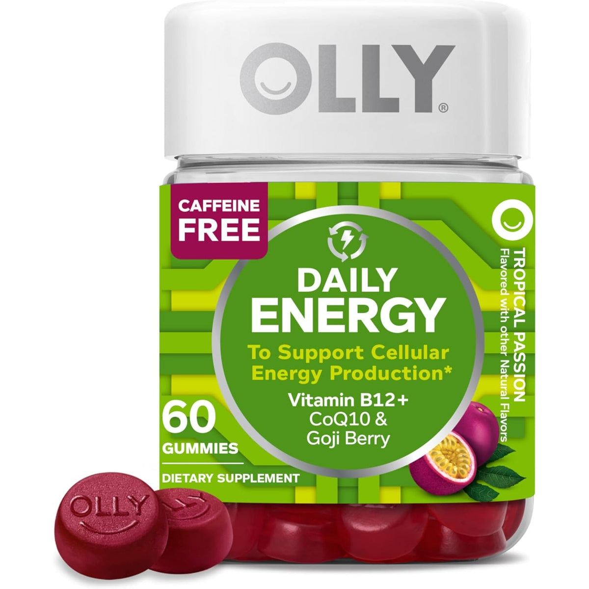 OLLY Daily Energy Gummy, Caffeine Free, Vitamin B12, Coq10, Goji Berry, Adult Chewable Supplement, Tropical Flavor - 60 Count