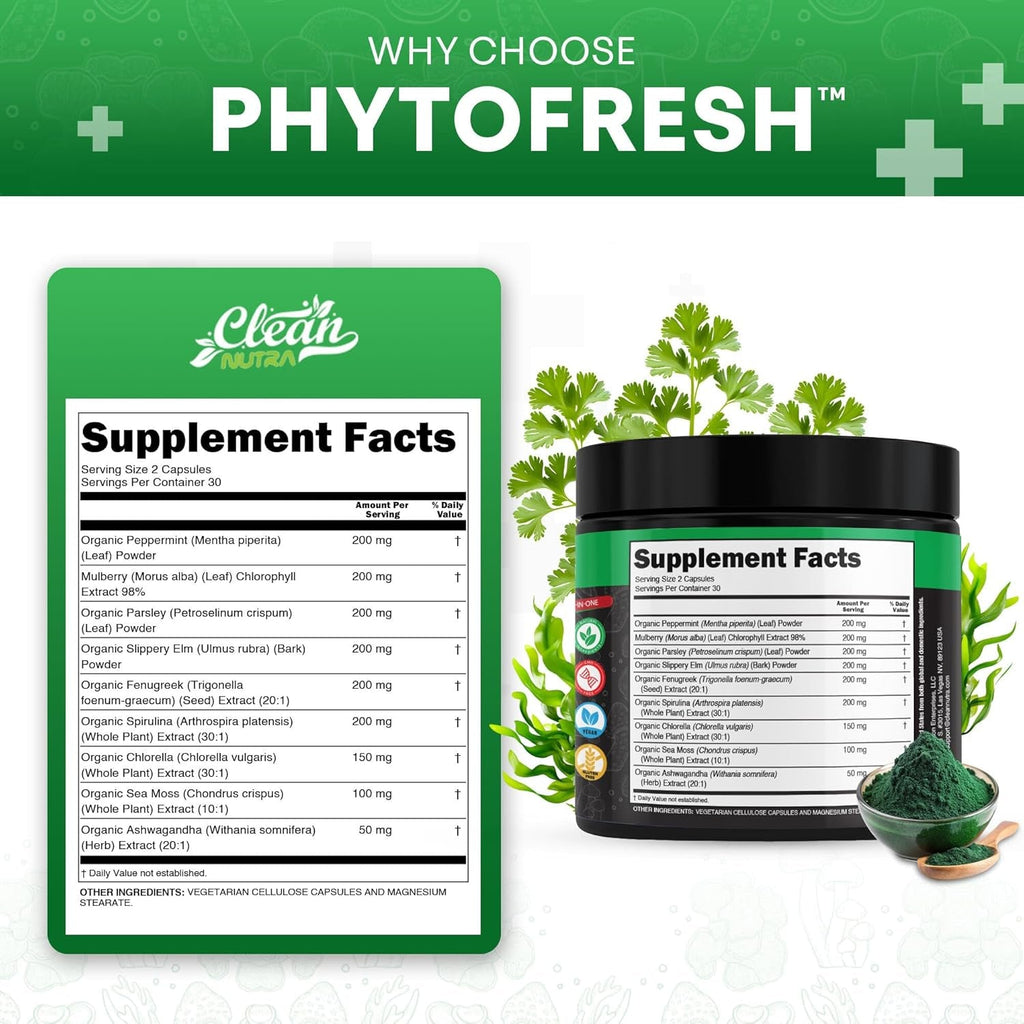 Clean Nutra Chlorophyll Capsules Supplement Internal Deodorant Peppermint, Sea Moss, Parsley, Chlorella, Spirulina, Slippery Elm, Ashwagandha, Phytofresh Greens Detox Pills