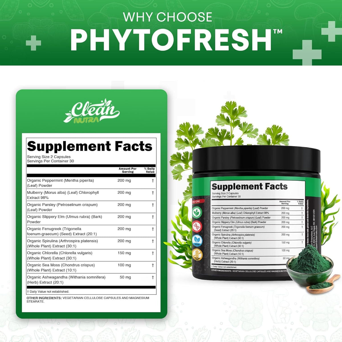 Clean Nutra Chlorophyll Capsules Supplement Internal Deodorant Peppermint, Sea Moss, Parsley, Chlorella, Spirulina, Slippery Elm, Ashwagandha, Phytofresh Greens Detox Pills