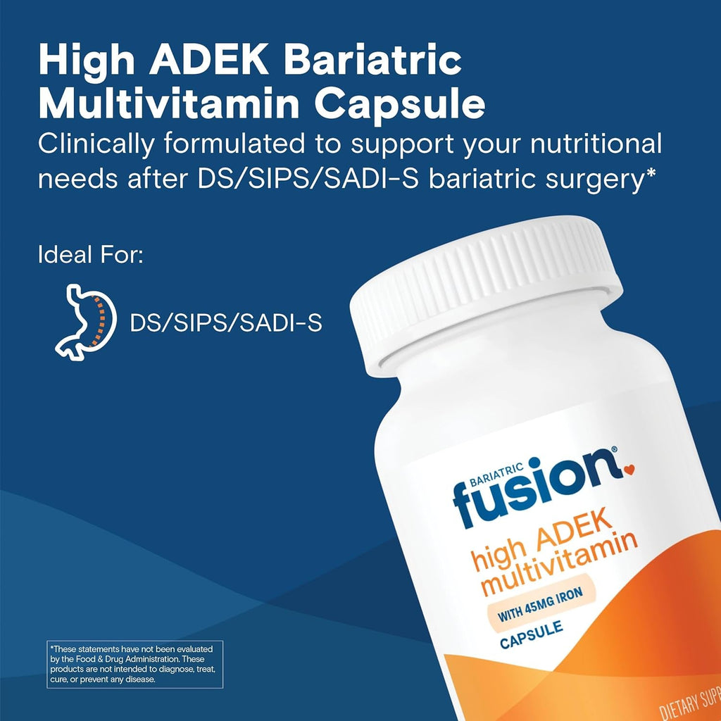 Bariatric Fusion High ADEK Multivitamin with Iron | Bariatric Multivitamin for Duodenal Switch | Easy to Swallow ADEK Vitamins Bariatric | 90 Capsules | One Month Supply