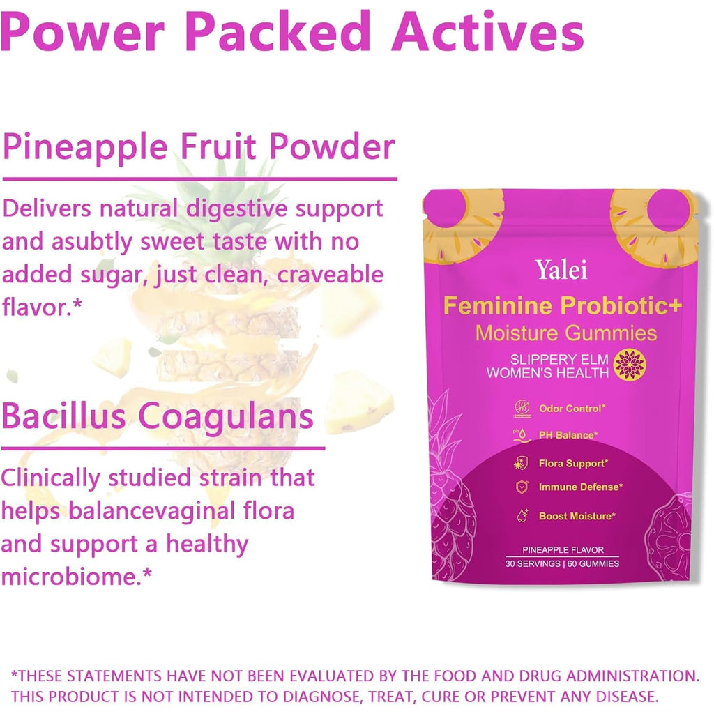 Slippery Kitty Gummies | Her Juicy Feminine Probiotics Gummies | Support Ph Balance & Digestive Health, Slippery Elm for Women | 60 Count | Pineapple Flavor