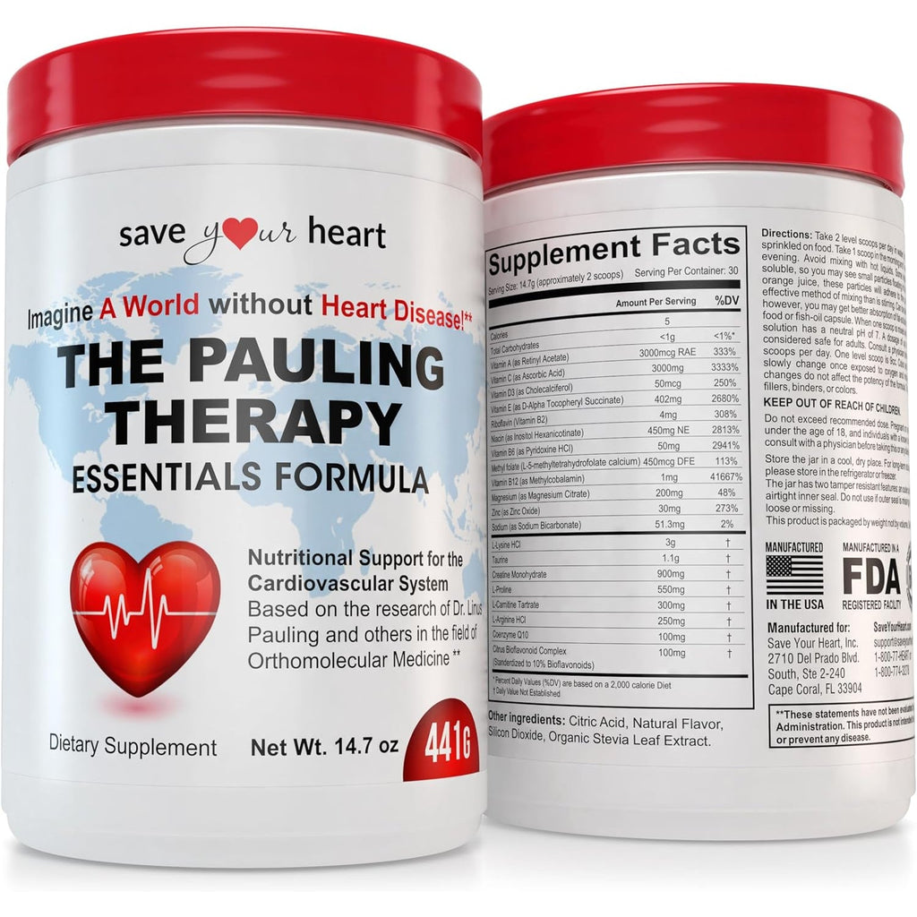 Cardio Heart Health Powder Supplement - the Pauling Therapy Essentials Formula (PTEF) Healthy Vitamin C, B-12, L-Lysine, L-Arginine, Magnesium, Zinc + Vitamins, Minerals & Antioxidants