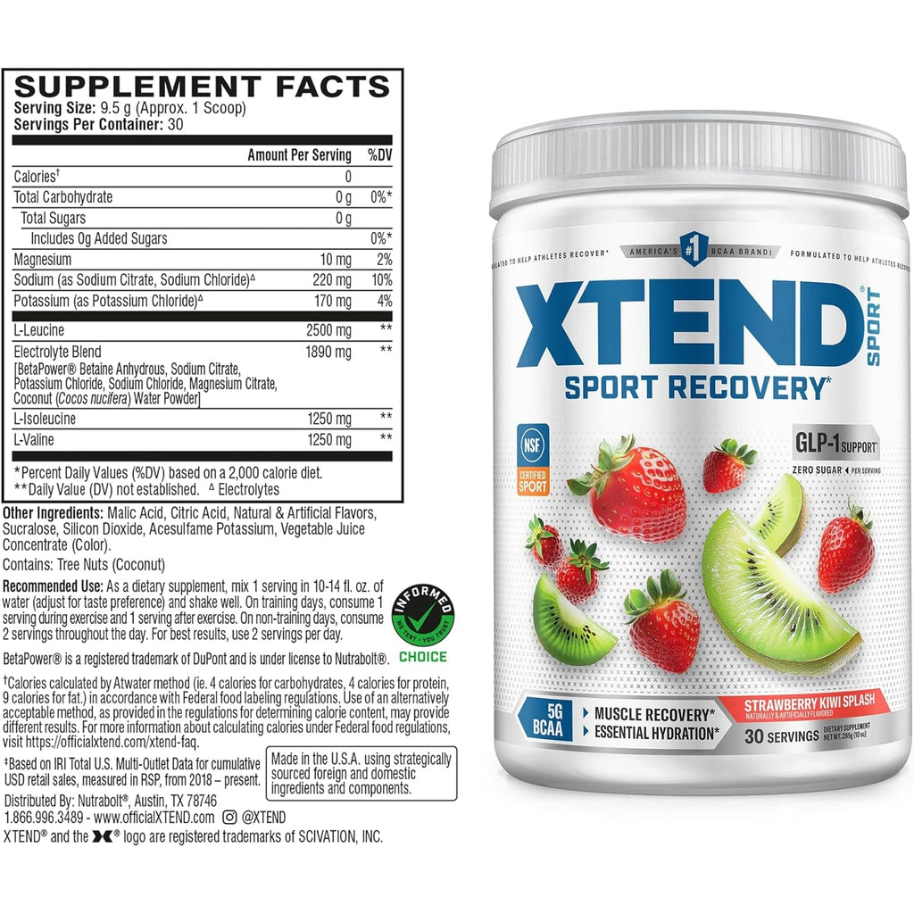 Xtend Scivation Sport BCAA Powder Strawberry Kiwi Splash - Electrolyte Powder for Recovery & Hydration with Amino Acids - 30 Servings