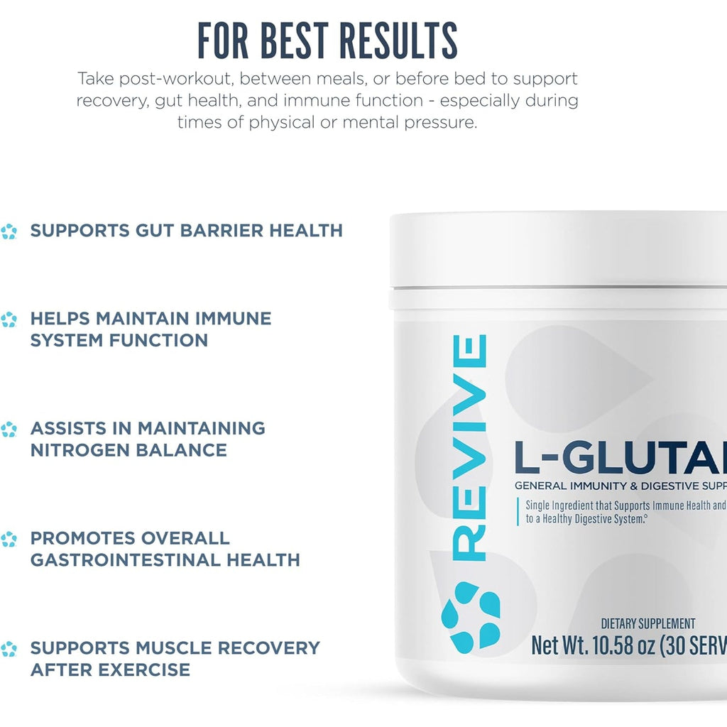 Revive MD Gut L-Glutamine Powder – Muscle Recovery & Immune Support Supplement for Adults – Promotes Digestive Health, Reduces Muscle Soreness & Supports Immunity – Vegan (30 Servings)
