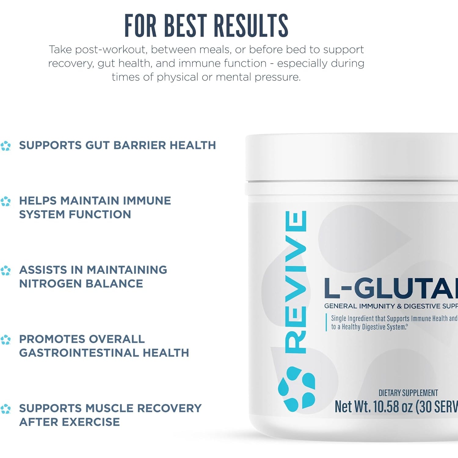 Revive MD Gut L-Glutamine Powder – Muscle Recovery & Immune Support Supplement for Adults – Promotes Digestive Health, Reduces Muscle Soreness & Supports Immunity – Vegan (30 Servings)