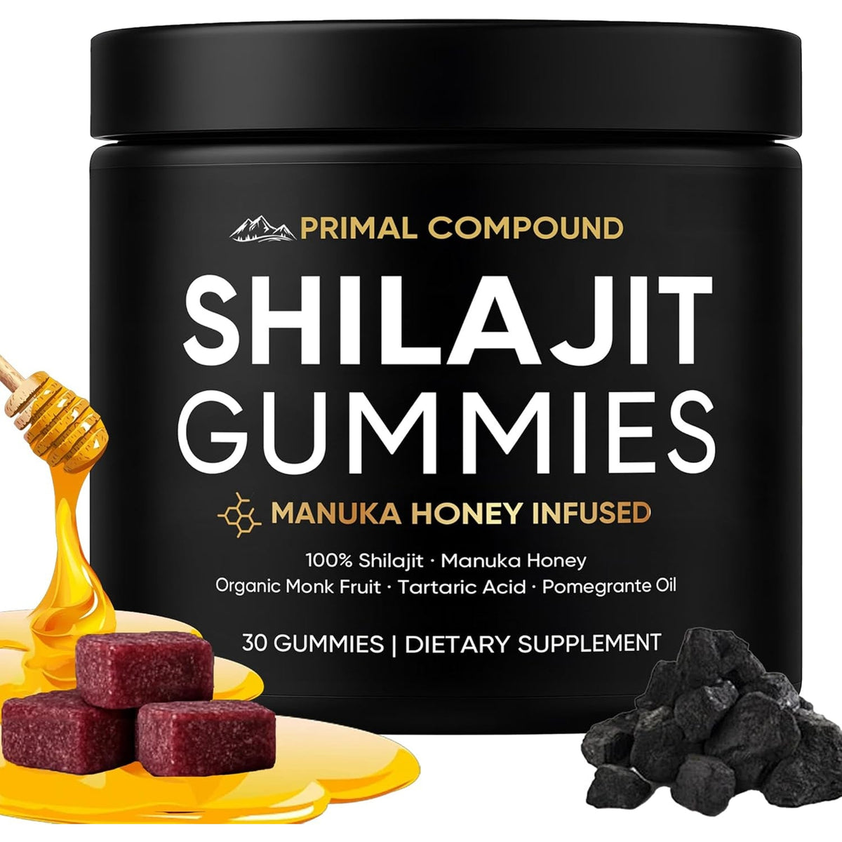 Primal Compound Shilajit Gummies for Men,With Manuka Honey, Organic Monk Fruit & Fulvic Acid, Shilajit Gummies Supplements, 30 Gummies