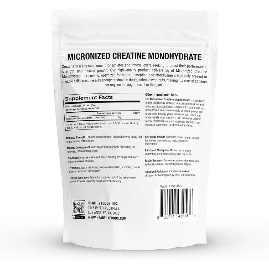 HEARTHY FOODS Creatine Monohydrate Micronized Powder 500G - 100 Servings, 5000Mg per Serving (5G) - for Men & Women Muscle Growth & Recovery - UNFLAVORED