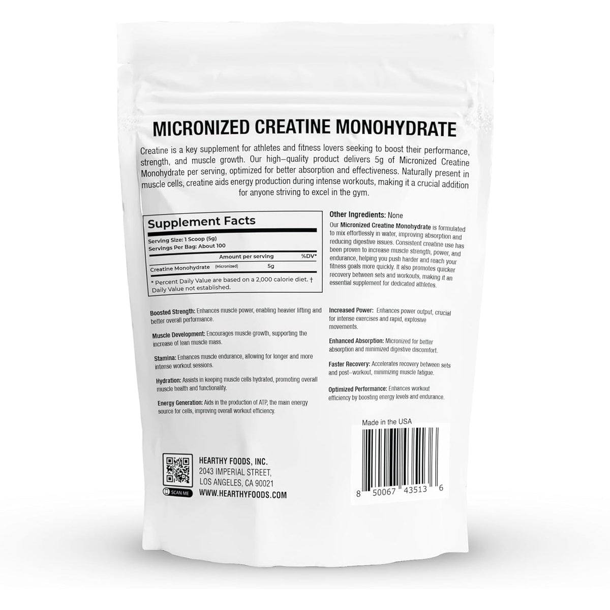 HEARTHY FOODS Creatine Monohydrate Micronized Powder 500G - 100 Servings, 5000Mg per Serving (5G) - for Men & Women Muscle Growth & Recovery - UNFLAVORED