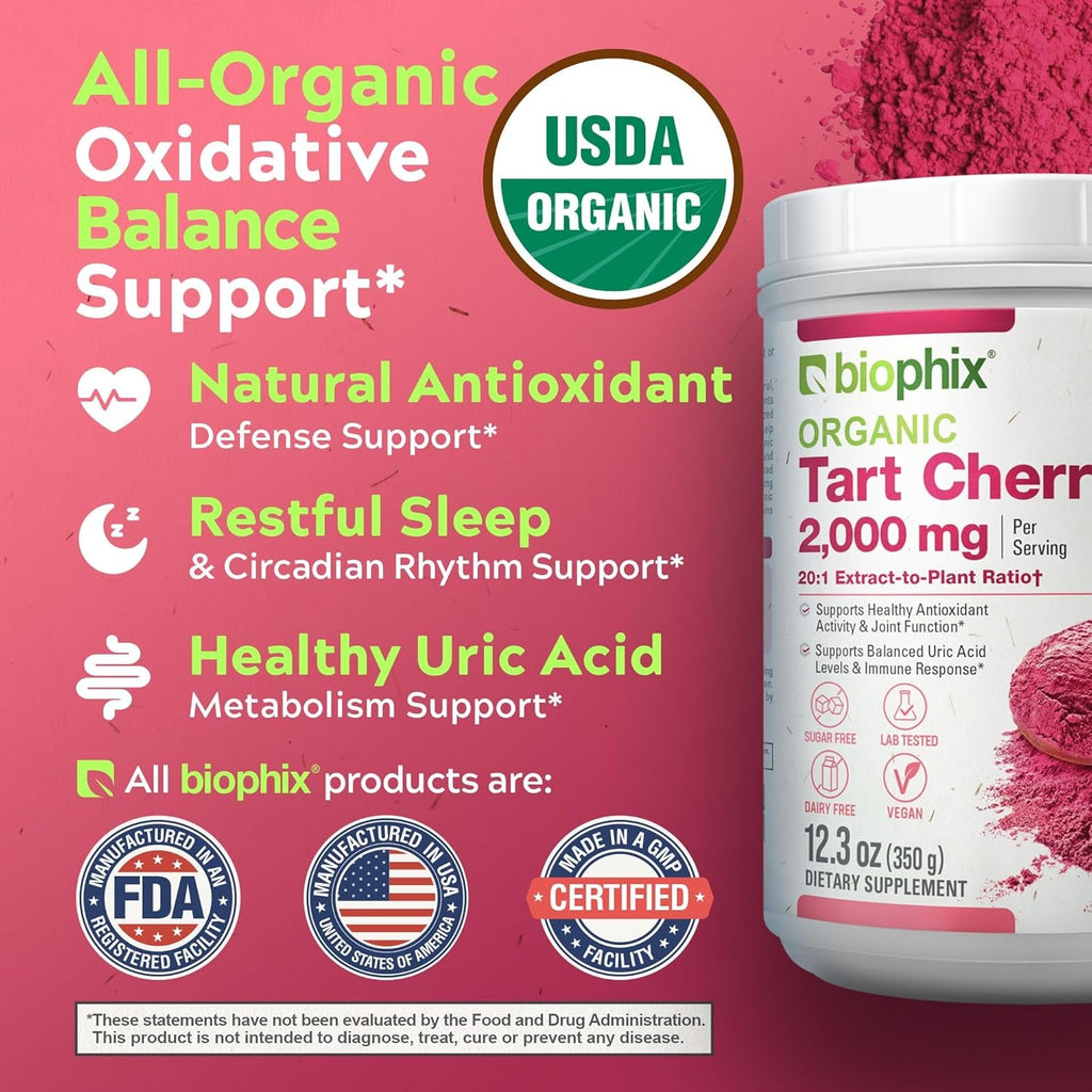 Biophix Tart Cherry Powder Organic USDA 20:1 Extract 12.3 Oz 350 G - Antioxidant-Rich Superfood - Supports Heart Health - Digestive Health - Natural Flavor - No Sugar Added