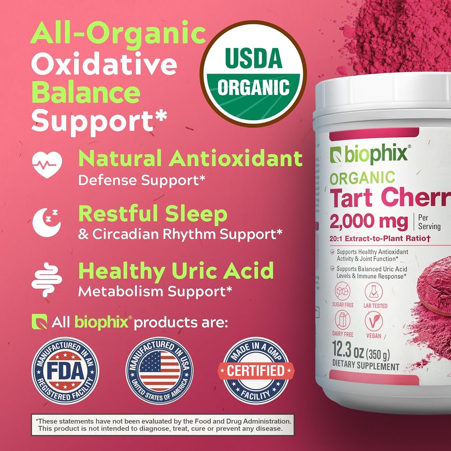 Biophix Tart Cherry Powder Organic USDA 20:1 Extract 12.3 Oz 350 G - Antioxidant-Rich Superfood - Supports Heart Health - Digestive Health - Natural Flavor - No Sugar Added