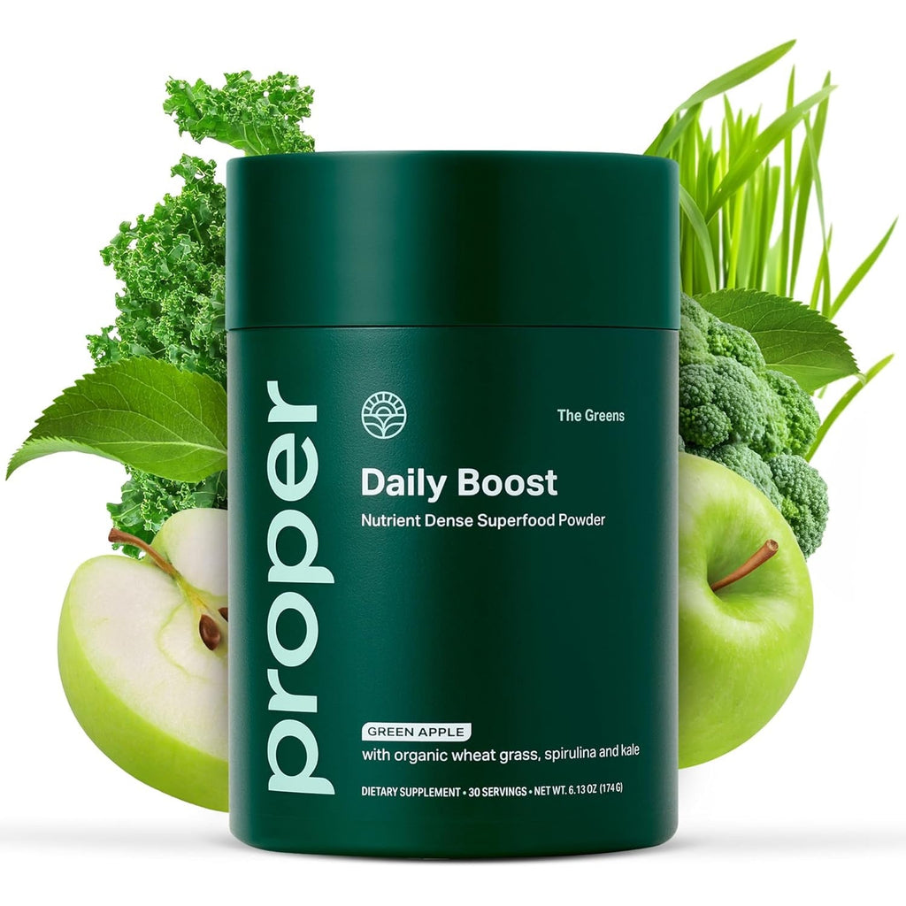 Proper, the Greens Daily Boost Organic Greens Powder. Whole Food, Apple Flavour Veggie Powder Superfood with Wheatgrass, Spirulina, Chlorella, Probiotics. Daily Drink Mix for Wellness and Digestion