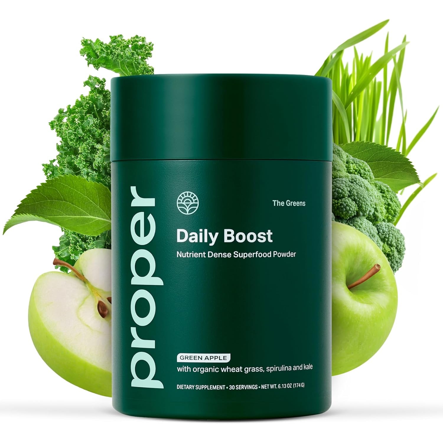 Proper, the Greens Daily Boost Organic Greens Powder. Whole Food, Apple Flavour Veggie Powder Superfood with Wheatgrass, Spirulina, Chlorella, Probiotics. Daily Drink Mix for Wellness and Digestion