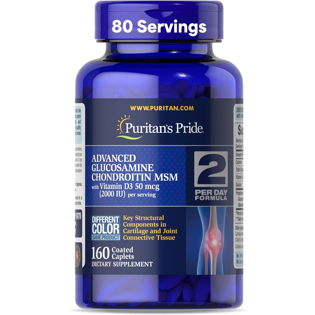 Puritan'S Pride Advanced Glucosamine Chondroitin MSM with Vitamin D3 50Mcg (2000 IU), Dietary Supplement for Joint Health, 80 Servings, 160 Coated Tablets