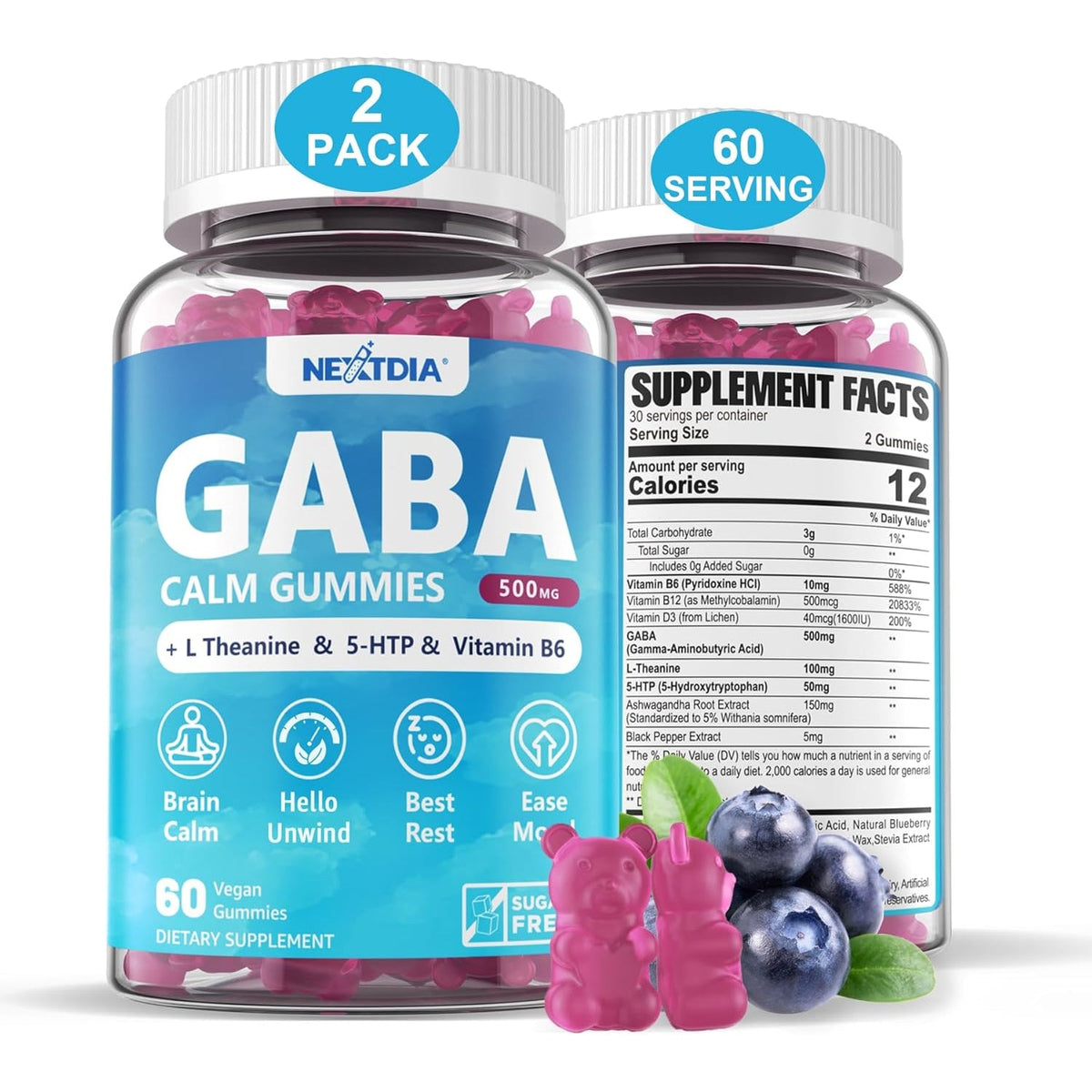 GABA Gummies 500 Mg - Sugar-Free Calm Gummies with L Theanine, 5-HTP, Vitamins D3, B12, Ashwagandha, Melatonin-Free for Brain Calm, Mood, Zzz Better, GABA Supplement for Adult, Blueberry Flavor,2 Pack